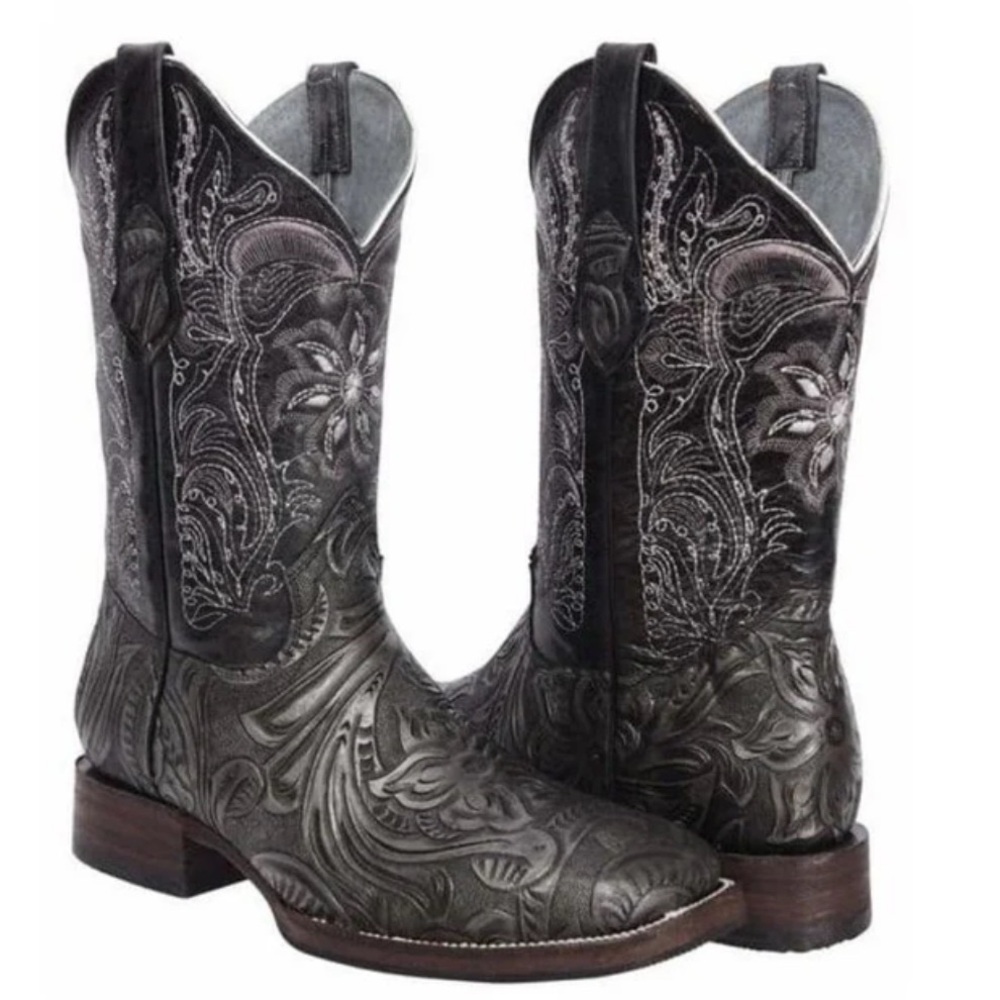 Joe boots 569 Hand Tooled Black Square Toe Men's Western Cowboy Boots